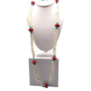 White Seed Beads Necklace with Glazed Ceramic Beads in Red and Blue, Patriotic